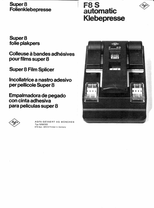 Product picture colleuse agfa F8S automatic francais english deutsch espanol
